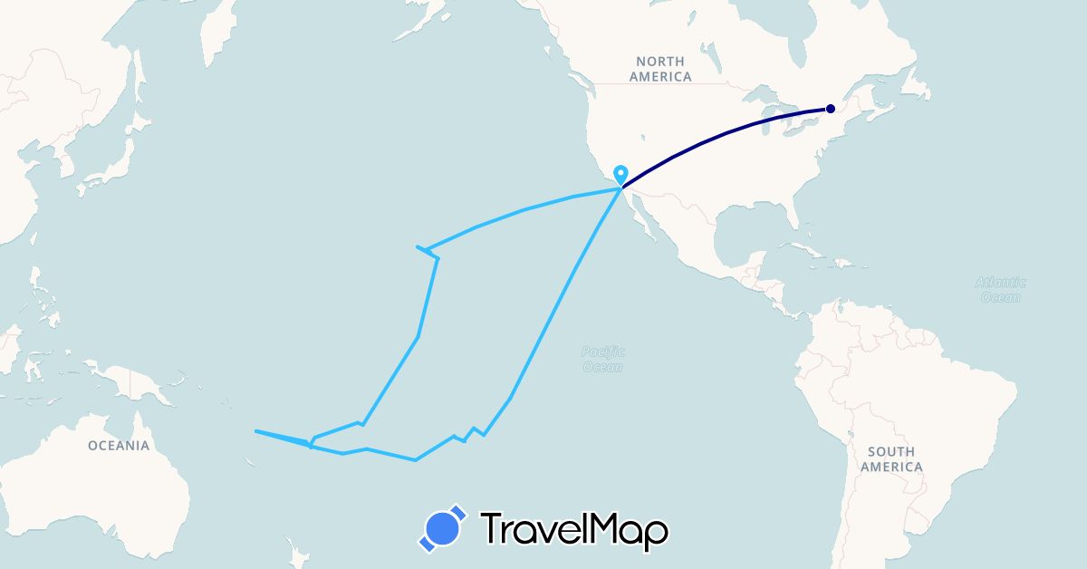TravelMap itinerary: driving, boat in Canada, Cook Islands, Fiji, France, Kiribati, Niue, Tonga, United States, Vanuatu, Samoa (Europe, North America, Oceania)